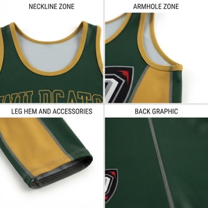 Traje de Lucha Sublimado Personalizado para Hombre - Traje de Spandex de Una Pieza Verde Dorado para Equipos Escolares - Product Image 4
