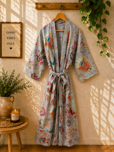 Cotton Floral <b>Kimono</b> Robe Women Boho <b>Beach</b> Cover Printed Dressing Gown Lightweight Lounge Wear Handmade Indian V-neck Drawstring - Product Image 3