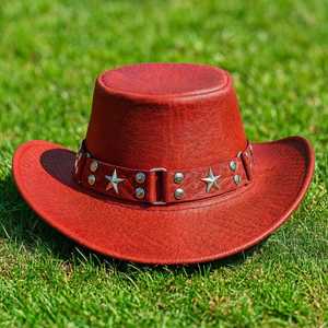Premium Quality Custom Handmade <b>Red</b> Leather Star <b>Hat</b> With Studded Band For Festival Cosplay Wear By Advantage Impex - Product Image 5