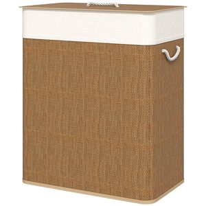 Moderno Cesto per Bucato in Bambù da 26,4 Galloni, Doppio Cesto con Fodera Rimovibile e Manici in Corda per Bagno, Colore Marrone - Product Image 1