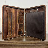 Venta caliente A4 Business Zipper Portafolio Mano Tooled Cuero Suministros de oficina Ring Binder Holder Caja de bolsillo Carpeta organizadora de archivos