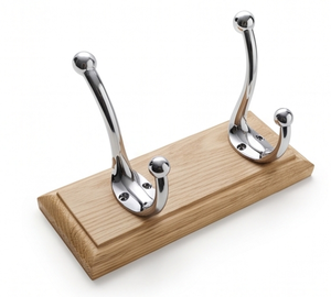 Premium Mirror Polished Silver Dual <b>Hooks</b> With Light Brown Wooden Base Perfect For Elegant And Stylish Home Decor Organization - Product Image 1
