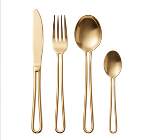 Ensemble de couverts modernes en acier inoxydable doré avec poignée en forme de boucle pour la table et la salle à manger - Product Image 1