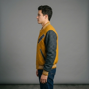 Mens Mustard Wool Letterman <b>Jacket</b> Charcoal Sleeves Custom Logo Rib Knit Collar Cuffs Snap Front Luxury Streetwear Outerwear Top - Product Image 3