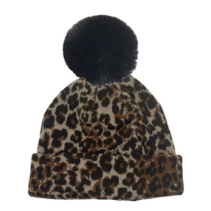 Unisex <b>Leopard</b> <b>Print</b> Beanie <b>Hat</b> With Pom Pom Winter Warm Cap Casual Style For Adults Head Circumference - Product Image 2