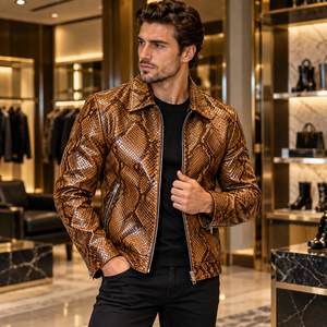Men’s <b>Purple</b> Snake Embossed Leather Jacket Luxury Genuine Leather Biker Coat Zip Up Motorcycle Jacket - Product Image 6