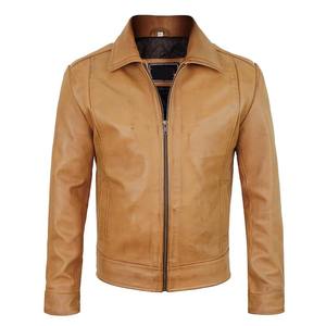 Men's Tan Genuine Leather Eco-friendly Quilted <b>Slim</b> <b>Fit</b> Stand Collar Zipper Closure HIGH STREET Winter Outerwear - Product Image 1