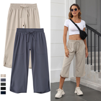 Pantalon large pour femme, coupe décontractée, taille élastique, couleur unie, longueur mollet, coupe ample, coupe-vent, respirant, style estival