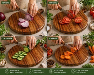 Tabla de cortar redonda de madera de mango con asa |   Tabla de cortar rústica para servir pan - Product Image 4