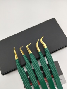 Pinzas para Pestañas de Color Verde con Punta de Fibra, Punta Dorada, Acero Inoxidable Japonés, Agarre de Diamante, 90 Grados, Pinzas Delgadas para Extensión de Pestañas - Product Image 6