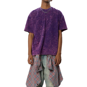 T-shirt décontracté pour homme, coupe régulière, tricoté, violet uni, délavé à l'acide, col rond, manches courtes, teint en pièce, collection 2026, vente en gros - Product Image 2