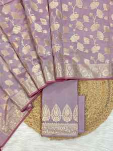 Conjunto de Traje de Seda Semi-Kataan Banarasi Hecho a Mano para Mujer, Ropa Étnica India, Corte Regular, Textura Lujosa, Tradicional para Fiestas - Product Image 2