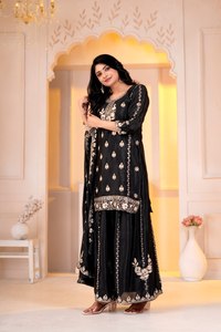 Conjunto de Salwar Kameez Reversible Negro Bordado y Elástico, Kurti de Terciopelo, Palazzo y Dupatta, Traje Tradicional Indio-Pakistaní para - Product Image 3