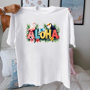 เสื้อยืดพิมพ์ลายถักนิตติ้งสำหรับผู้หญิงสไตล์ลำลองธีมทรอปิคอล ALOHA ผลิตจากผ้าฝ้าย 100% ให้ความสบาย - Product Image 1