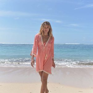 Voguish Chic Pink Bead Embroidery Relaxed Fit A-Line Spaghetti Strap Midi <b>Beach</b> Swimwear Cover Dress Tunic Women Best Selling - Product Image 6