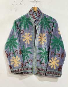 Artisan Grey Suzani <b>Velvet</b> <b>Jacket</b> <b>Women</b> Green Botanical Palm Embroidery Handmade Boho Statement Ethnic Coat Wholesale - Product Image 1