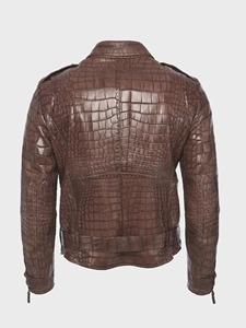 Chaqueta de Cuero Genuino con Estampado de Cocodrilo Marrón para Hombre, Cuello Camisero, Cierre de Cremallera, Corte Ajustado, Estilo Otoñal - Product Image 1