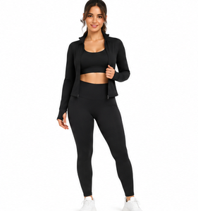 Conjunto Deportivo de Yoga de 3 Piezas para Mujer, Leggings, Sujetador Deportivo y Chaqueta, Elástico en 4 Direcciones, Secado Rápido, Ropa Deportiva Personalizada al por Mayor - Product Image 1