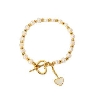 Pulsera de Perlas de Imitación con Cruz de Corazón, Chapada en Oro de 18K, Aleación de Zinc y Acero Inoxidable, BLACKTIE BKT3358, Joyería para Mujer - Product Image 4