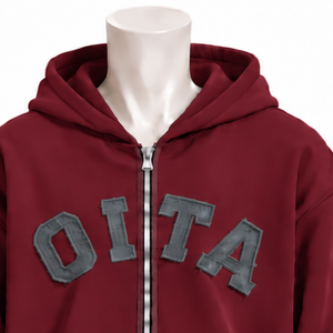 <b>Burgundy</b> <b>Mens</b> Full Zip <b>Hoodie</b> Chenille Letter Patch Heavyweight Fleece Oversized Casual Streetwear Sweatshirt with Kangaroo - Product Image 3