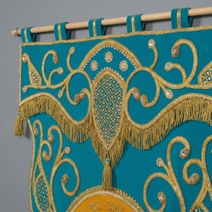 Handcrafted Eco Friendly Customized Premium Heavy Duty Teal Fabric Gold Bullion Embroidery <b>Banner</b> - Product Image 3