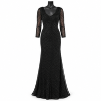 Robe de sirène noire à perles géométriques avec manches longues transparentes et décolleté en V |   Robe de soirée longue pour les occasions formelles
