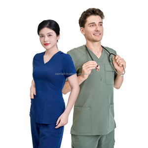 PROMOTION EXCEPTIONNELLE : Ensemble d'uniformes médicaux unisexes à col en V avec pantalon droit – Haut et pantalon de travail médical – OEM/ODM - Product Image 1