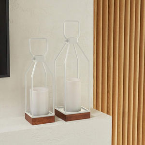 Modern White Metal Lantern Set with Wooden Base Square <b>Candle</b> Holder Home Decorative Tabletop Lighting Fixture christmas decor - Product Image 2