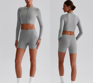 Women Solid Color Seamless Yoga Sports Bra Set Medium <b>Support</b> Long Sleeve <b>Crop</b> <b>Top</b> With High Waist Shorts For Workout - Product Image 5