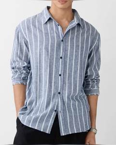 Camisa a Cuadros Gingham Casual para Hombre, 100% Algodón, Cuello Mao, Corte Holgado, Manga Larga, Exportación de BD - Product Image 3