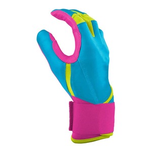 Gants de frappe en cuir bleu avec bordure rose et vert lime, fermeture auto-agrippante, durables pour l'entraînement, unisexe adulte - Product Image 2