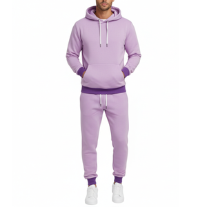 Ensemble de survêtement pour homme violet, très tendance, 2 pièces |    Sweat-shirt et pantalon |   Vêtements de sport streetwear avec bordure côtelée violet foncé contrastant - Product Image 1