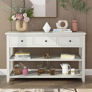 Consolle Antica Bianca con Gambe in Legno, 3 Cassetti e 2 Ripiani Aperti, Tavolo da Ingresso/Divano in Pino per Appartamenti - Product Image 5