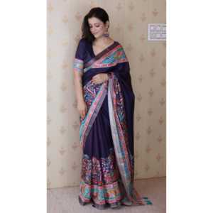 Sari de Seda Tussar Azul Marino con Borde Tejido con Zari y Estampado Floral, Vestido de Noche Elegante, Tejidos de Élite, 500g - Product Image 2