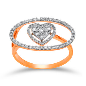 Anillo de Oro Rosa Sólido de 14K de Lujo con un Cautivador Centro de Diamantes en Forma de Corazón dentro de un Marco Ovalado con Diamantes Pavé - Product Image 1