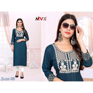 Beautiful Look Rayon Silk Screen Printed Embroidery Work Women's Adult Blue <b>Kurti</b> Made in India - Product Image 1