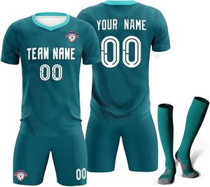 Ensemble de maillots de football personnalisés noirs sublimés, col en V, manches courtes, évacuation de l'humidité, uniforme d'équipe athlétique unisexe pour adultes - Product Image 5