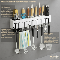 Moderne witte plastic keukenorganizer, wandmontage, handdoekenrek, verstelbare, afneembare haken, ruimtebesparende opbergoplossing