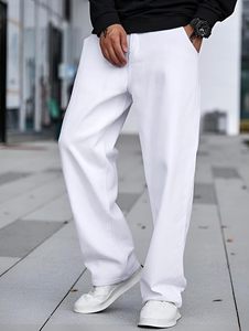 Jean ample décontracté pour homme en coton blanc, coupe large, taille mi-haute, écologique, délavé, couleur unie, tissé, longueur complète - Product Image 3