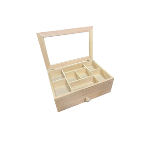 Caja rectangular de madera para joyería y manualidades con tapa de vidrio, múltiples compartimentos internos, almacenamiento duradero de madera natural - Product Image 2