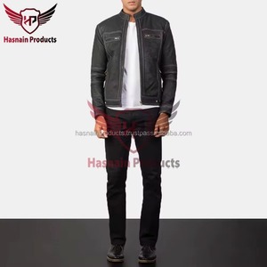 Chaqueta de Motociclista Negra para Hombre, Cuello Alto, Cierre de Cremallera, Corte Ajustado, Acabado Lavado, Color Sólido, Largo Regular, Estilo Biker - Product Image 6