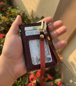 Porta Tarjetas de Identificación 2 en 1 de Cuero Genuino con Cordón Retráctil, Cartera para Tarjetas de Visita con Cierre - Product Image 1