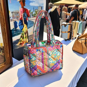 Sac fourre-tout en coton matelassé imprimé à la main pour femmes, écologique, réutilisable, pour le shopping, les voyages, la plage, avec poches intérieures/extérieures - Product Image 3