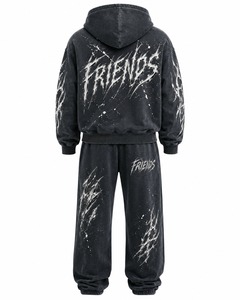 Ensemble de survêtement à capuche coupe classique en molleton de coton noir, style streetwear, imprimé dessin animé avec strass, pour homme, tenue d'hiver - Product Image 6