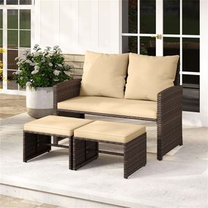Bellissimo Divanetto da Esterno in Bambù e Rattan Resistente alle Intemperie con 2 Pouf e Cuscini in Schiuma Rimovibili - Product Image 1