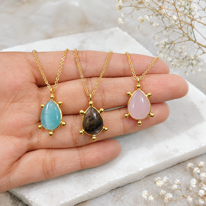 18k Gold Plated Brass Gemstone Cat's Eye Chalcedony Labradorite Pendant Turtle Pear Shape Minimalist Necklace Gift For Her - Product Image 3