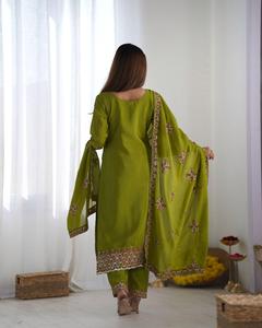 Heavy Pure Chinon Silk 5mm Sequence Embroidered Top Elastic <b>Pants</b> Lace Border Dupatta <b>Three</b> Piece Stitched Suit Set HHI 5005 - Product Image 5