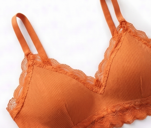 Conjunto de bralette sin aros y braguita de bikini naranja para mujer con ribete de encaje, ropa interior de punto de cintura media de spandex de secado rápido - Product Image 4