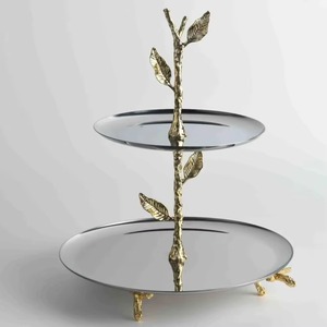 Glamorous Two Tier Round Metal Serving <b>Tray</b> With Plant Design Stand For <b>Party</b> Dessert Display Glam Style - Product Image 2