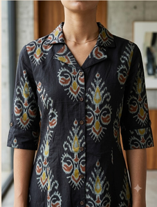 Robe ethnique noire imprimée pour femme, col chemise, manches trois quarts, coupe évasée, style décontracté et traditionnel pour le quotidien - Product Image 4